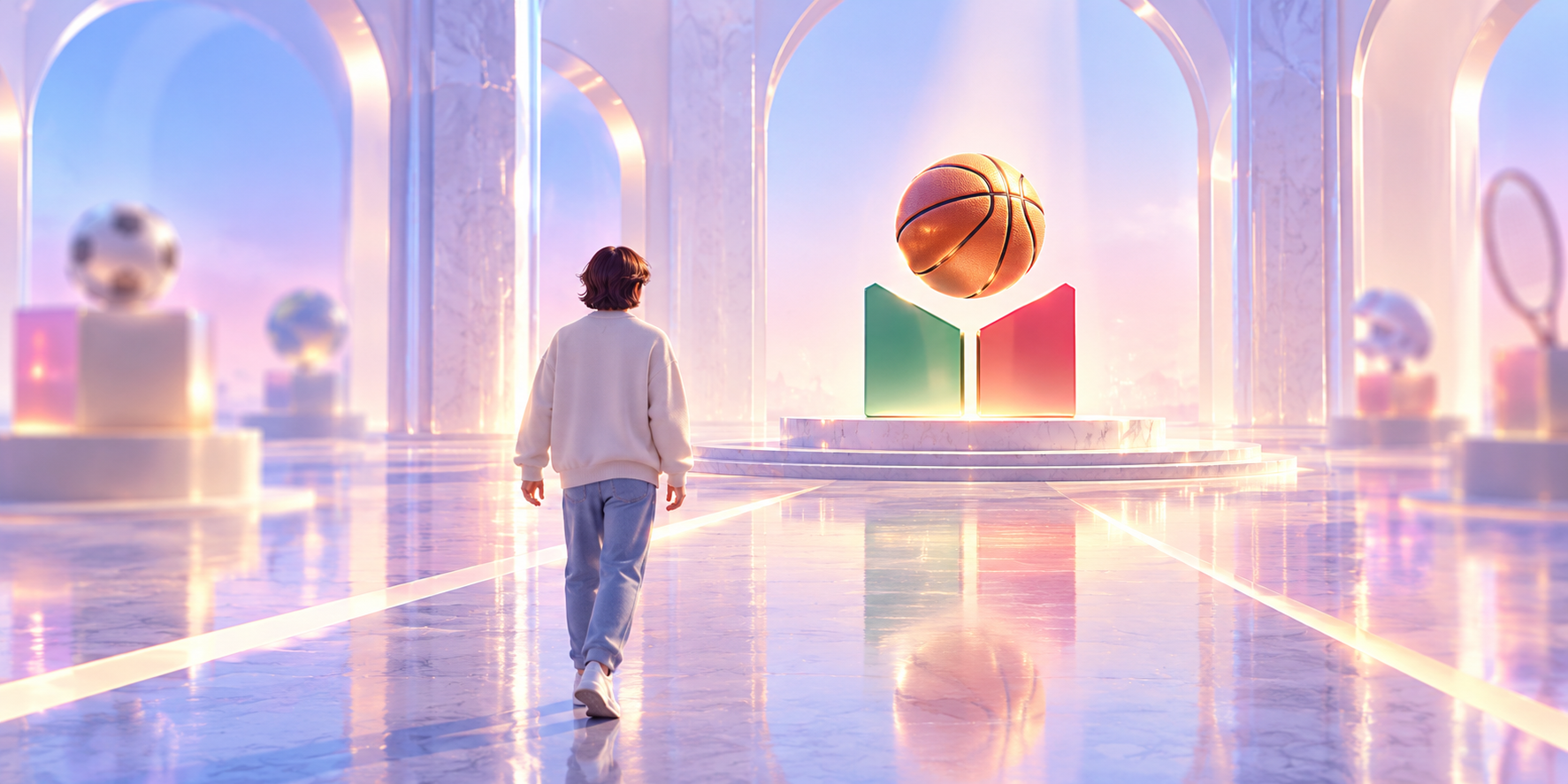 Editorial scene: a first-time visitor follows a clear path toward a basketball market with green and red outcome markers.